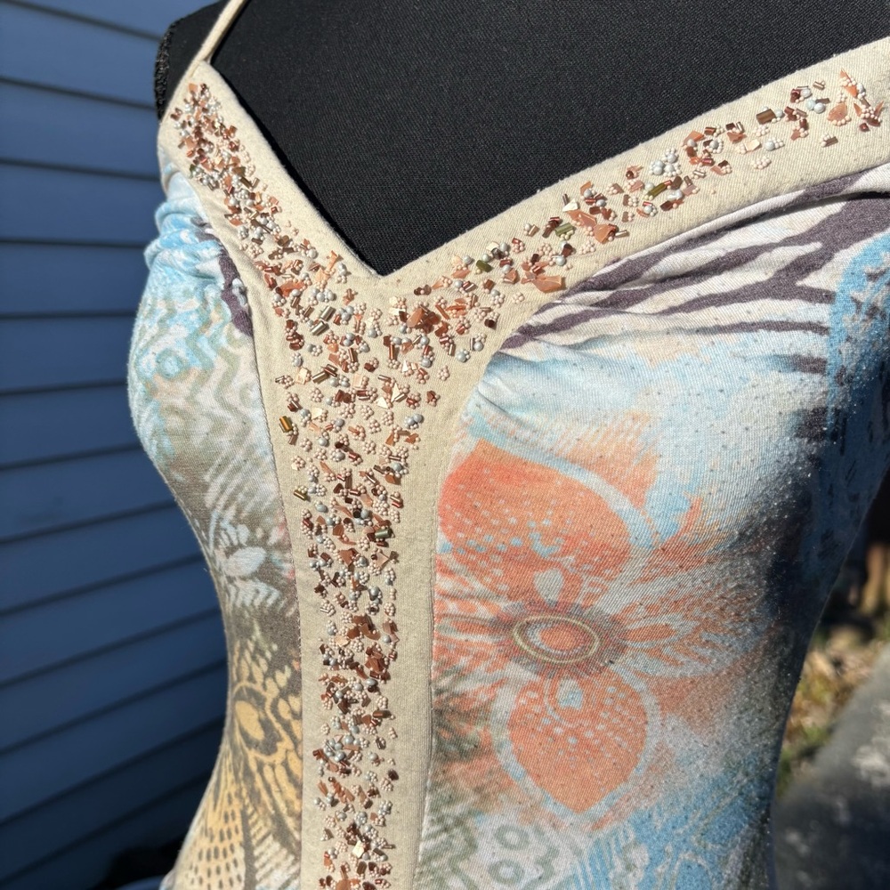 XOXO Vintage Nude Beaded Tank Top Floral Print Y2K Size Medium - Picture 3 of 16